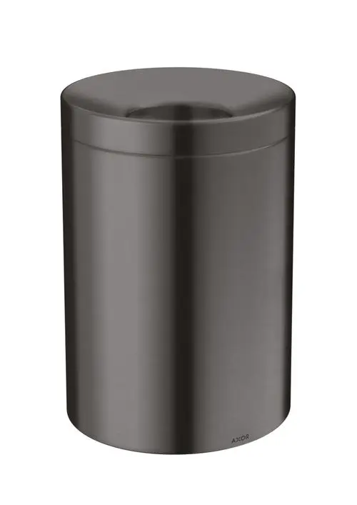 Runder Abfalleimer in brushed black chrome, mit schlichten Linien und einem Deckel, stammt von der Marke AXOR.